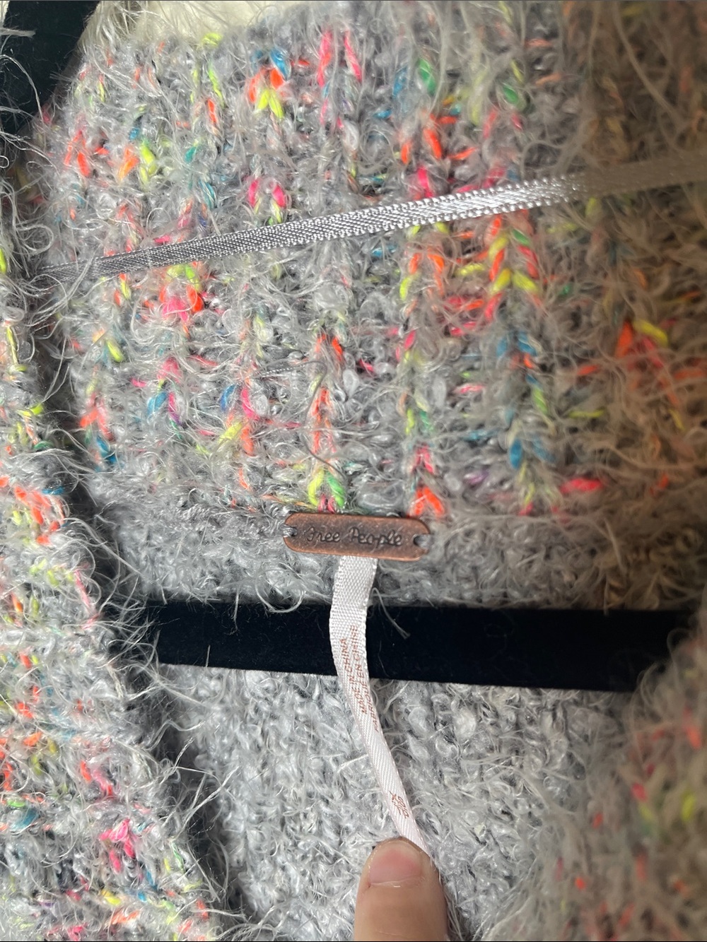 Free People Gray Fuzzy Crewneck Sweater with Pastel Multicolor Trim - Picture 5 of 8